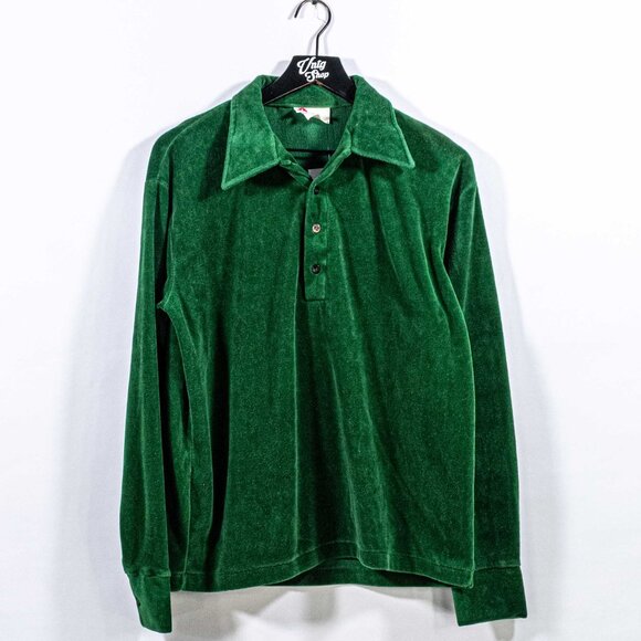 Kings Road Velour Long Sleeve Polo Shirt Pointed Collar Sears Disco Large VTG 70 - Picture 1 of 7